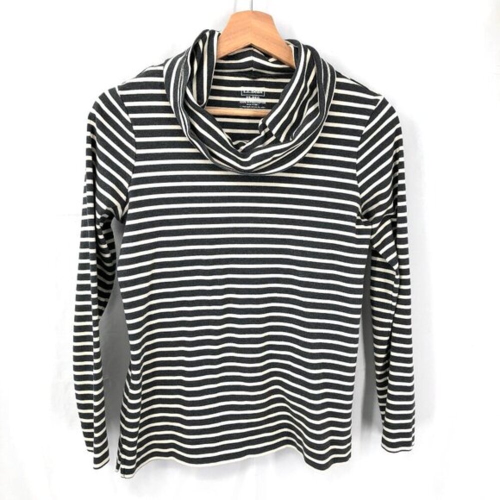 L.L. BEAN Supima Cotton Long-Sleeve Cowl Neck Pullover Top Gray Ivory Stripe XS